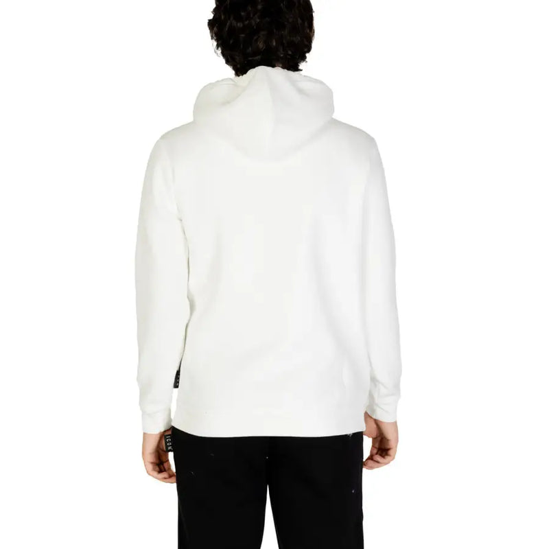Icon men white hooded sweatshirt with soft smooth fabric and subtle black branding tags on cuff and front print