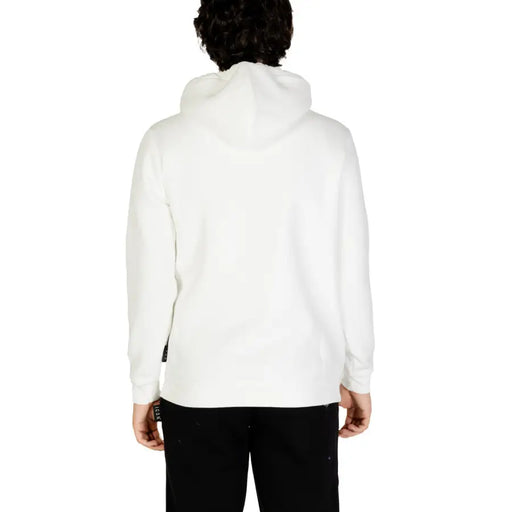 Icon men white hooded sweatshirt with soft smooth fabric and subtle black branding tags on cuff and front print