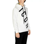 Icon men white hooded sweatshirt with bold black vertical lettering and neon green inner lining shown from front view