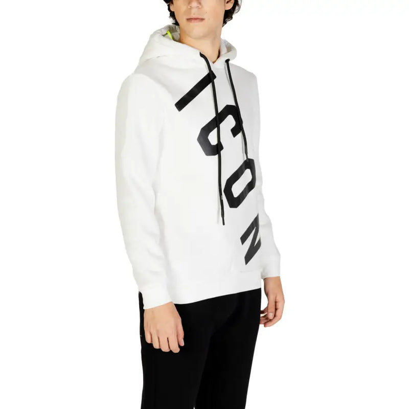 Icon men white hooded sweatshirt with bold black vertical lettering and neon green inner lining shown from front view
