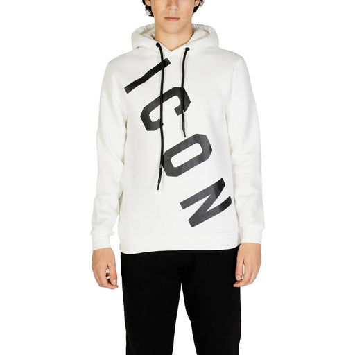 Icon men white hooded sweatshirt with bold black diagonal print on the front made from comfortable fabric