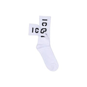White crew socks with ICON in black on the cuff, ideal for spring summer wear