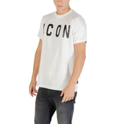 Men’s white round neck cotton T shirt with ICON print paired with dark wash jeans