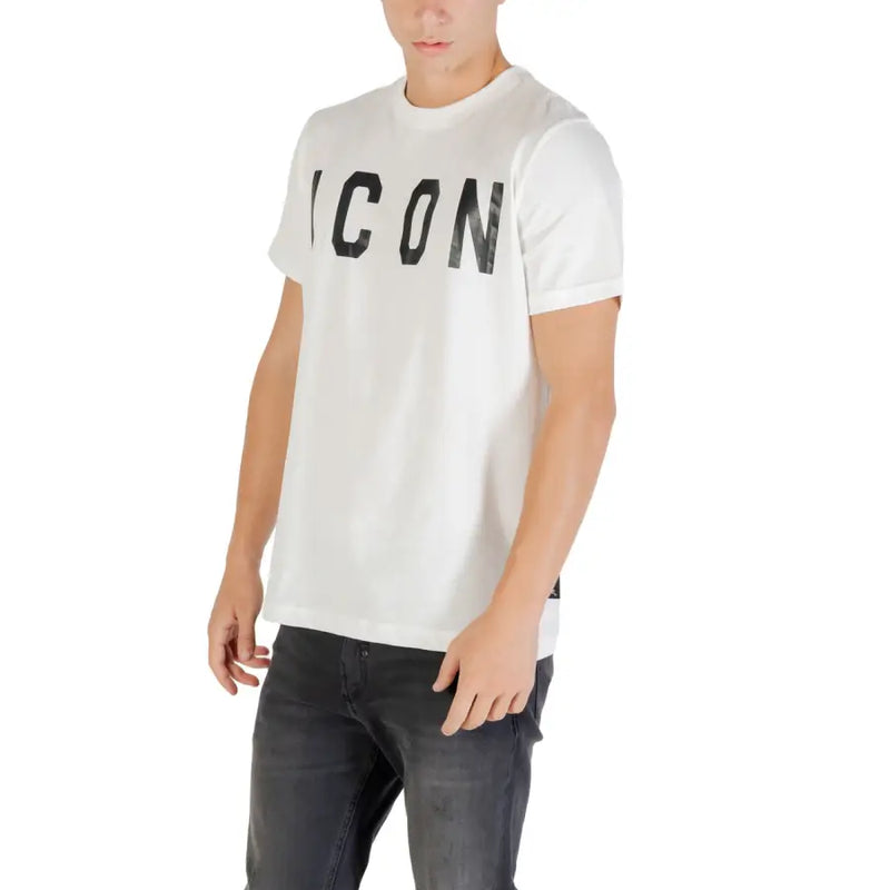 Men’s white round neck cotton T shirt with ICON print paired with dark wash jeans