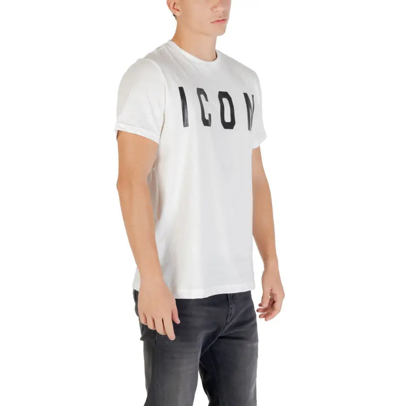 Men’s white crew-neck cotton T-shirt with black ICON graphic from Icon Men collection