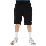Icon Schwarze, sportliche Shorts für Herren mit Kordelzug im Bund und weißen Akzenten icon Beschriftung, Vorderansicht