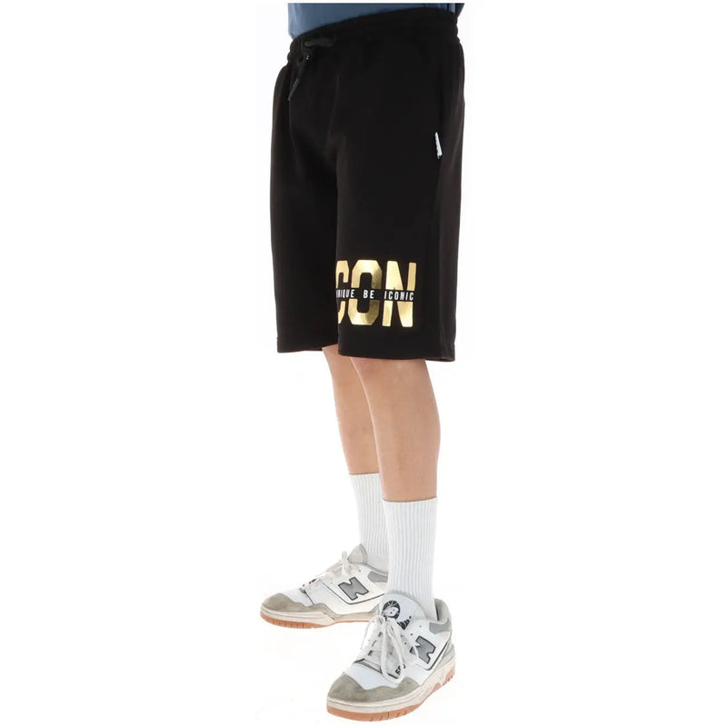 Icon Schwarze, sportliche Shorts für Herren mit auffälligem goldenem Seitenaufdruck, Seitenansicht