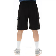Icon Schwarze Cargoshorts für Herren mit Seitentaschen und weißem Logo am linken Oberschenkel, Vorderansicht