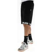 Icon shorts drawstring shorts for men in black with white icon lettering along hem, front view