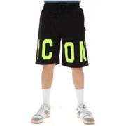 Icon shorts sweat shorts for men in black with bold neon green icon lettering, front view