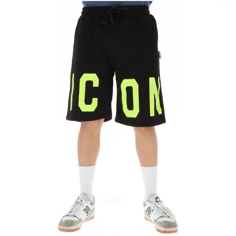 Icon shorts sweat shorts for men in black with bold neon green icon lettering, front view