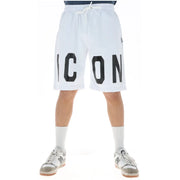 Icon shorts for men in white with bold black icon lettering and drawstring waistband, front view