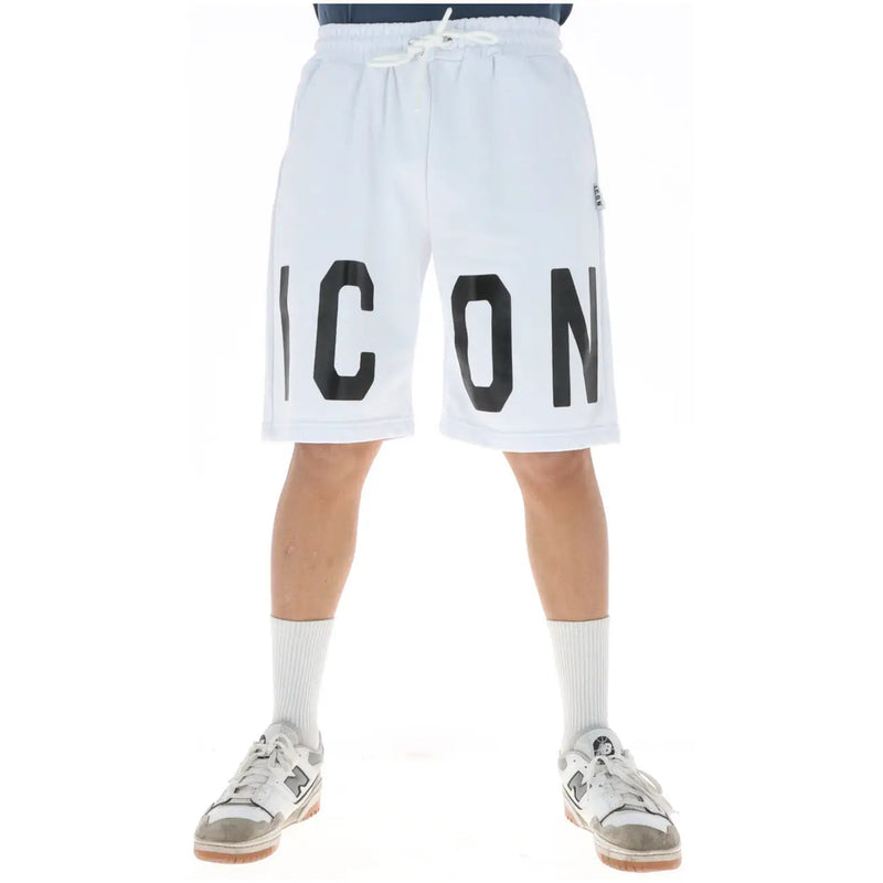 Icon shorts for men in white with bold black icon lettering and drawstring waistband, front view