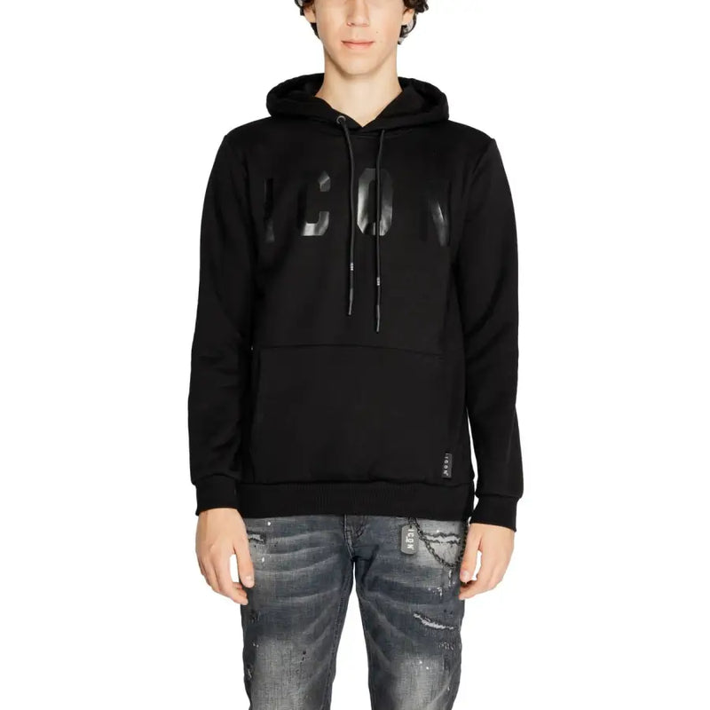 Black hooded sweatshirt with ICON graphic, kangaroo pocket, and drawstring hood for men