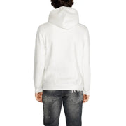 White hooded sweatshirt with round neck and pocket paired with faded black jeans