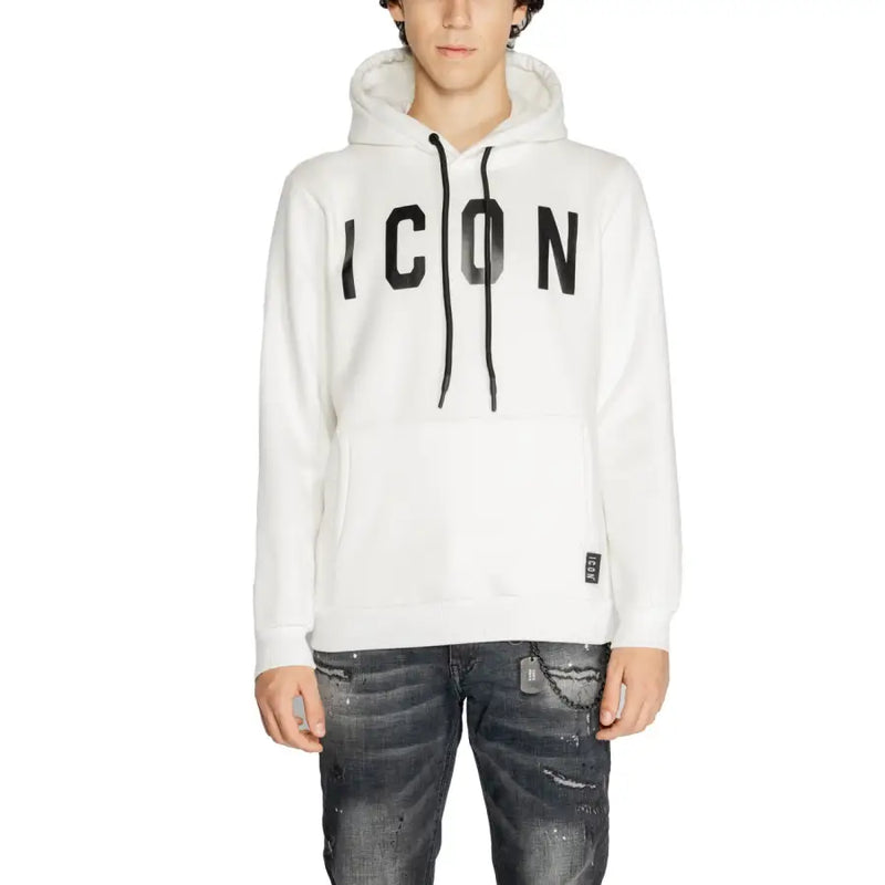 Men’s white hooded sweatshirt with black drawstrings and ICON print paired with distressed dark jeans