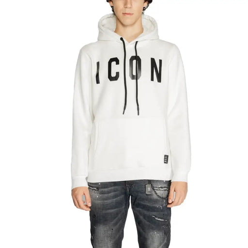 Men’s white hooded sweatshirt with black drawstrings and ICON print paired with distressed dark jeans