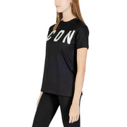 Icon women black cotton t shirt with bold white icon print across the chest and short sleeves