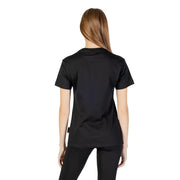 Icon women black cotton t-shirt with print showing the back side featuring a subtle branding tag at the hem