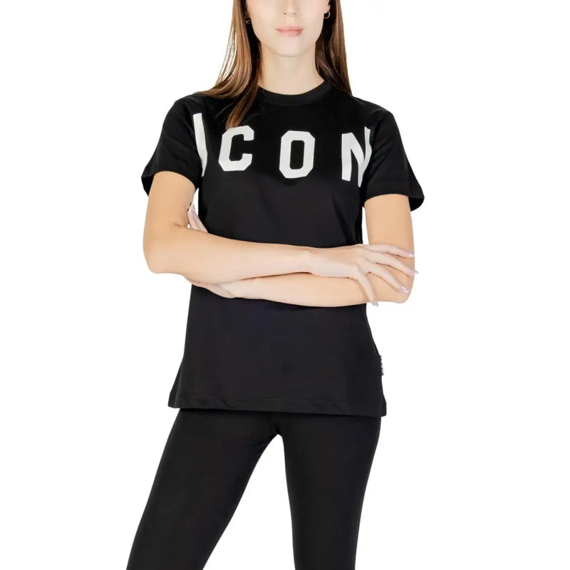 Icon women black cotton t-shirt featuring a bold white icon print on the chest and short sleeves