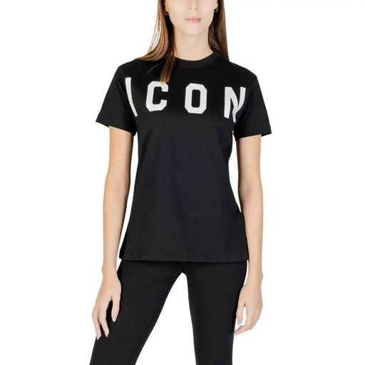 Black cotton women t-shirt with short sleeves and bold white icon lettering across the chest