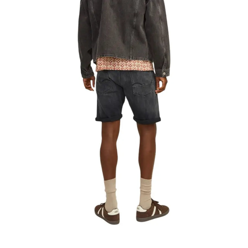 Jack & jones black cotton blend men shorts in dark-wash denim with rolled cuffs and subtle patterned hemline