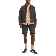 Dark-wash denim jacket with buttoned chest pockets and collar paired with jack & jones black cotton blend men shorts