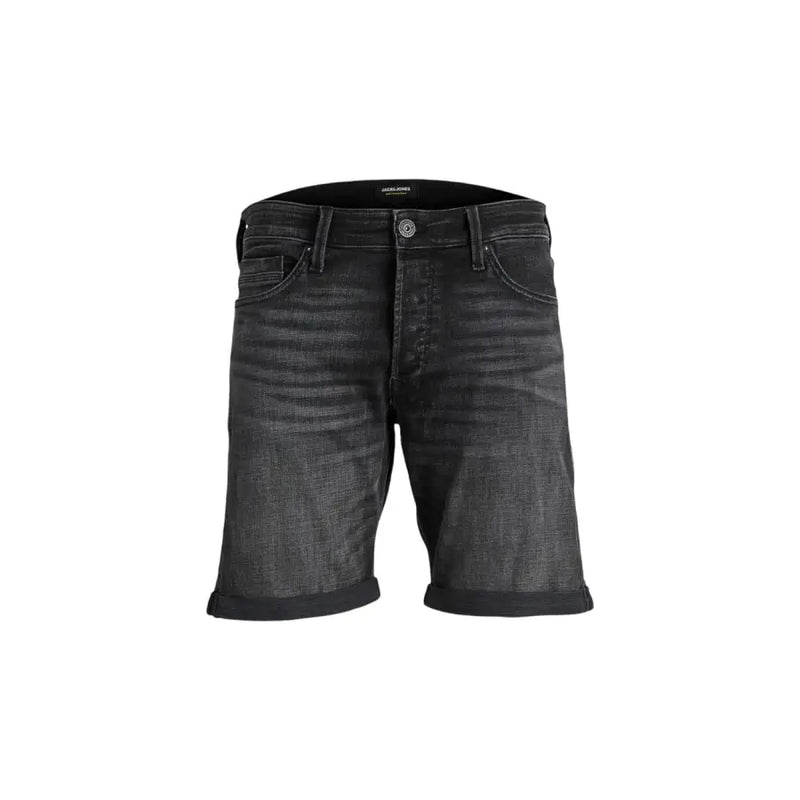Jack & jones black cotton blend men shorts with rolled cuffs and classic five-pocket design in black denim