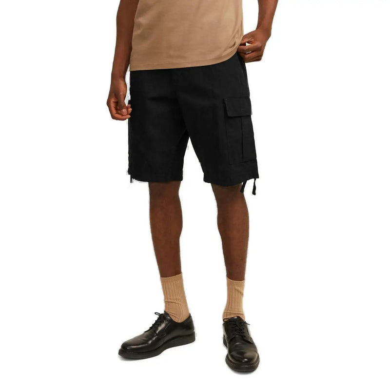 Jack & jones black cotton men cargo shorts with multiple pockets and drawstrings for practical use