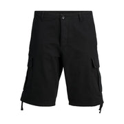 Jack & Jones black cotton men shorts featuring multiple cargo pockets and adjustable drawstrings at the hem