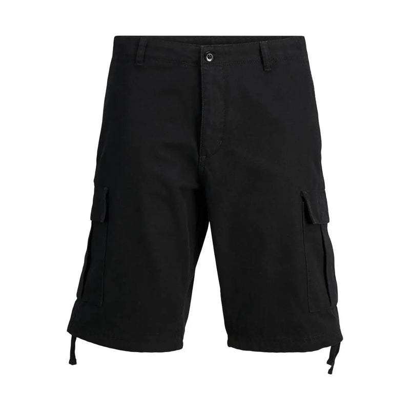 Jack & Jones black cotton men shorts featuring multiple cargo pockets and adjustable drawstrings at the hem