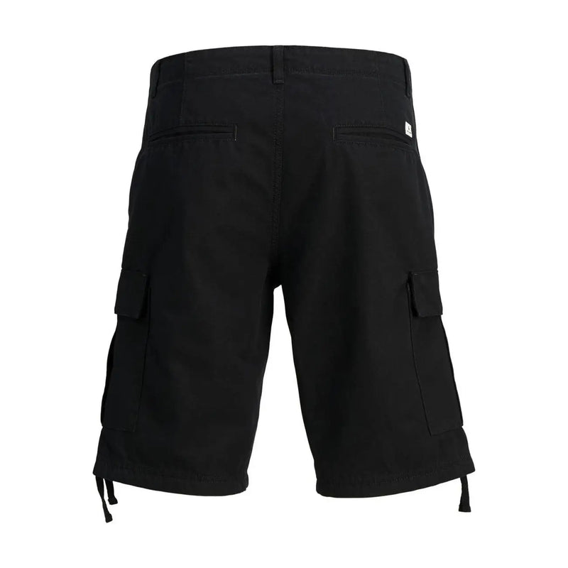 Jack & Jones black cotton men shorts with multiple cargo pockets and adjustable drawstrings at the hem