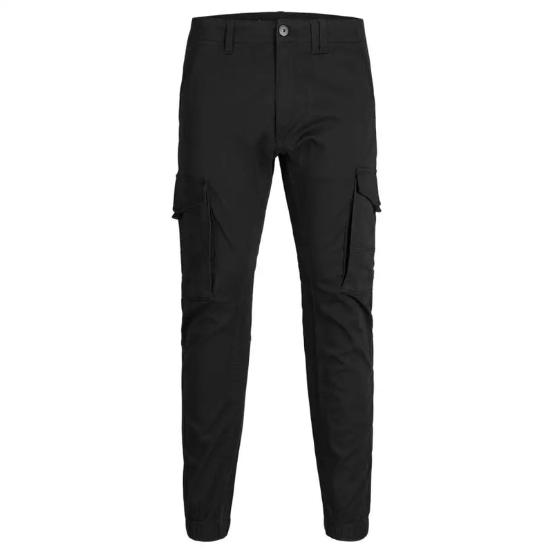 Jack & Jones Schwarze Herren-Cargohose aus Baumwollmischgewebe mit mehreren Taschen und Knopfverschluss, Vorderansicht