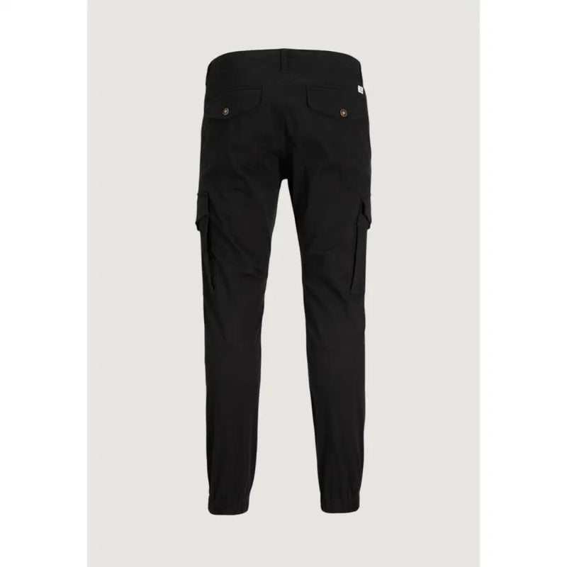 Schwarze Cargohose von Jack & Jones mit Seitentaschen und geknöpften Gesäßtaschen aus einem Baumwollmischgewebe