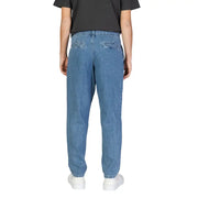 Back view of jack and jones blue cotton jeans for men in light-wash with relaxed straight-leg cut and classic pockets