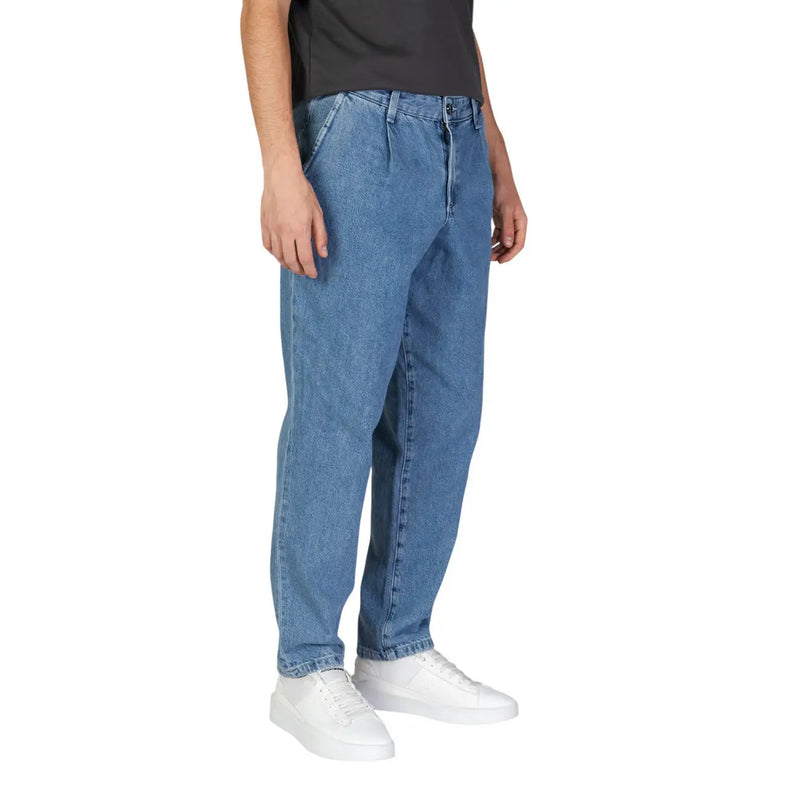 Jack & Jones blue cotton jeans for men with a relaxed straight-leg cut in light-wash denim for fall winter