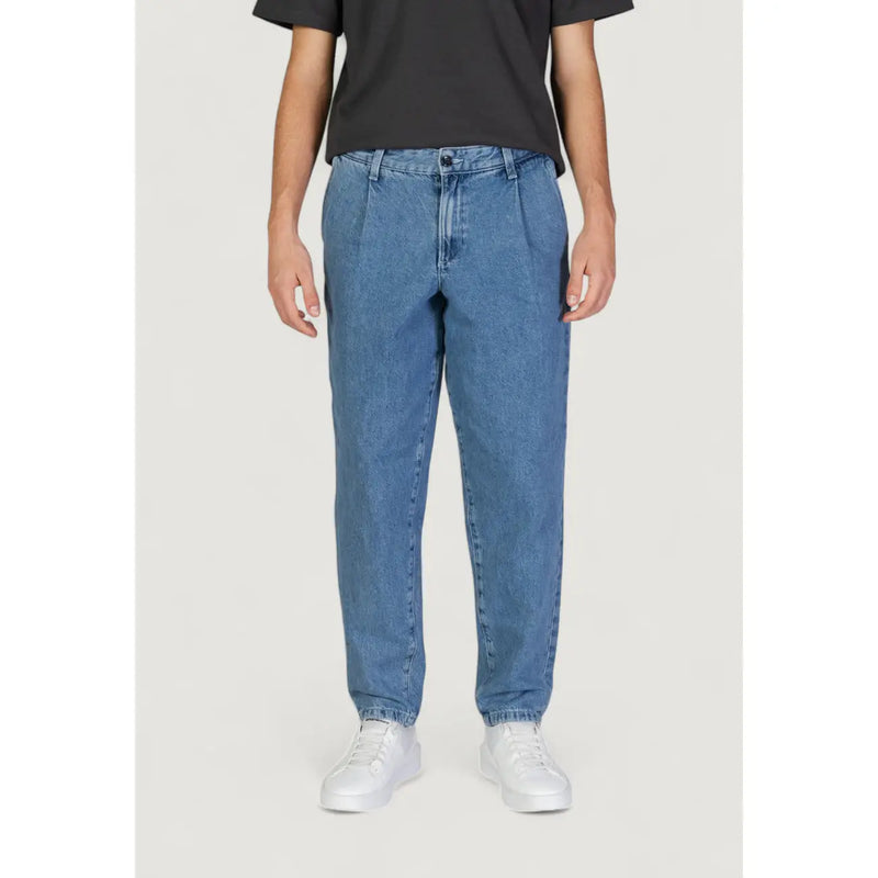 Jack & Jones blue cotton jeans for men with light-wash, relaxed straight-leg cut and visible stitching details