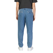 Back view of jack and jones blue cotton jeans for men in light-wash with relaxed straight-leg cut and classic pockets