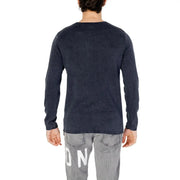 Back view of a dark gray jack & jones blue cotton knit pullover for men with white lettering on the lower back