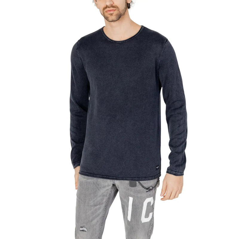 Jack & Jones blue cotton knit pullover for men in dark blue with long sleeves and a textured faded fabric finish