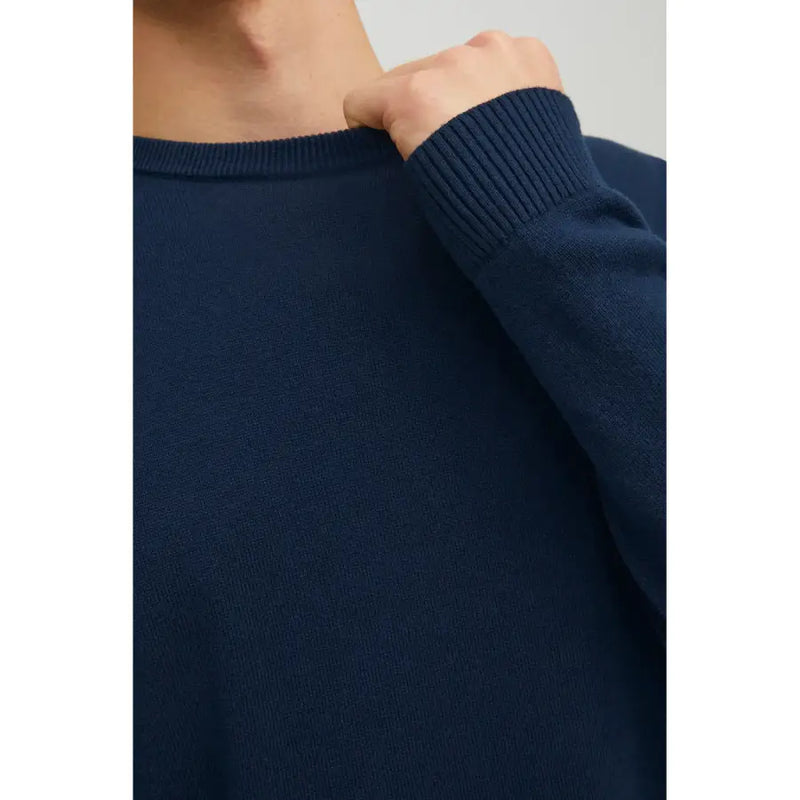 Navy blue cotton ribbed-knit sweater with crew neck and long sleeves by Jack & Jones for casual wear