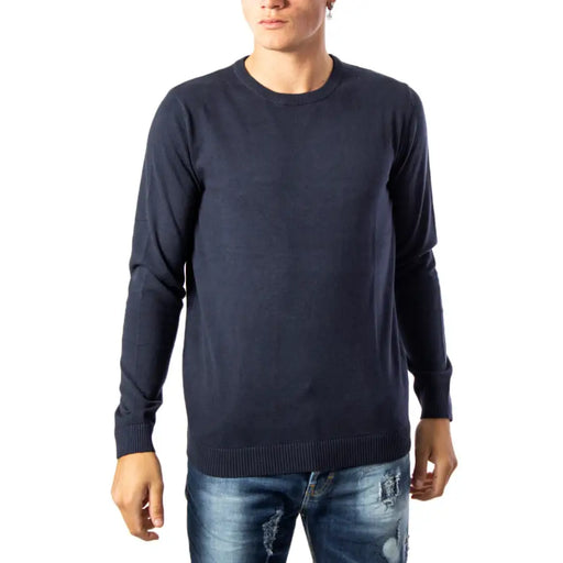 Navy blue Jack & Jones cotton knit crewneck sweater with ribbed cuffs and hem for casual wear