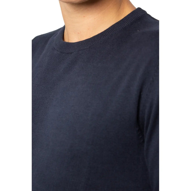 Navy blue cotton knit Jack & Jones crew neck sweater featuring a round neck design for casual wear