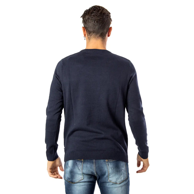 Navy blue long-sleeved cotton knit sweater with round neck by Jack and Jones for casual wear