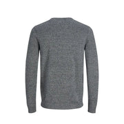 Charcoal gray crew neck sweater with ribbed cuffs and hem, likely made of wool or cotton blend.
