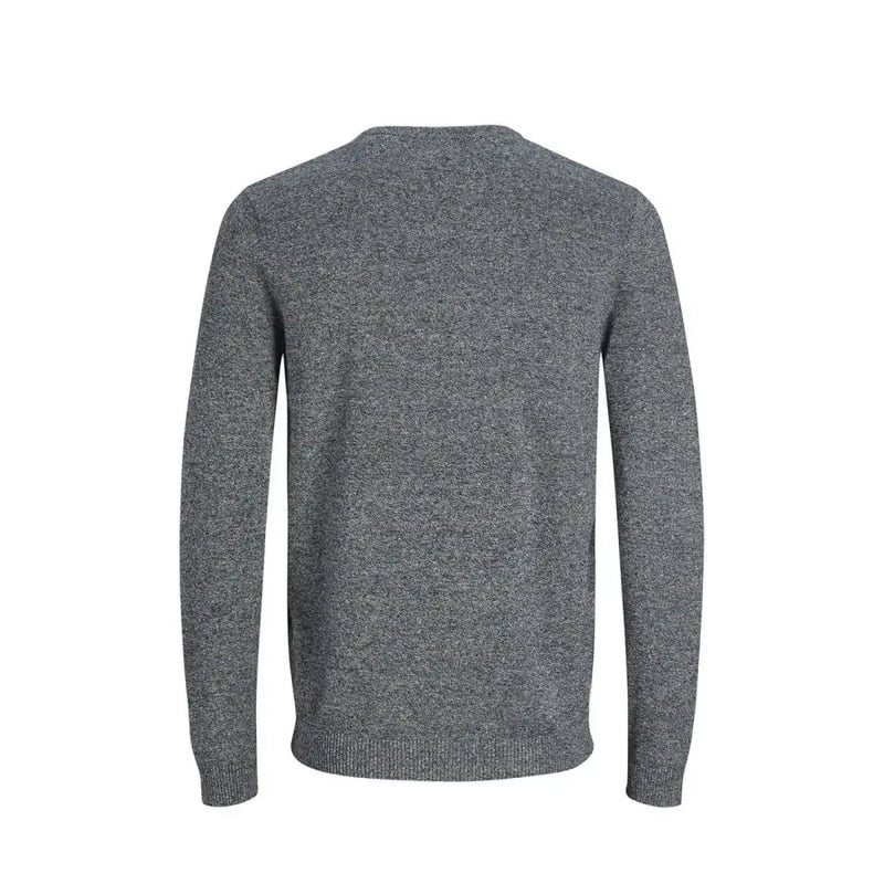 Charcoal gray crew neck sweater with ribbed cuffs and hem, likely made of wool or cotton blend.