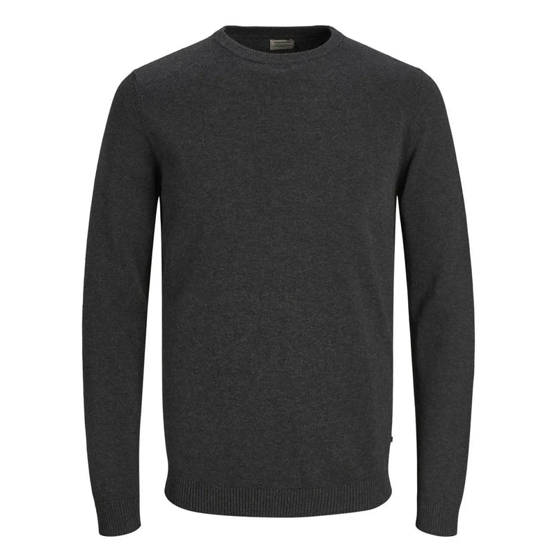 Jack & Jones Baumwollpullover für Herren in Dunkelgrau mit dezenter Melange-Struktur und gerippten Bündchen, Vorderansicht