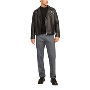 Men’s black leather biker jacket displayed with Jack & Jones Grey Cotton Stretch Trousers for Men Fall Winter