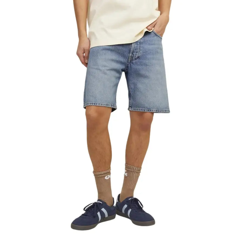 Jack & jones light blue cotton polyester shorts for men featuring light-wash denim with a classic five-pocket design and frayed hem