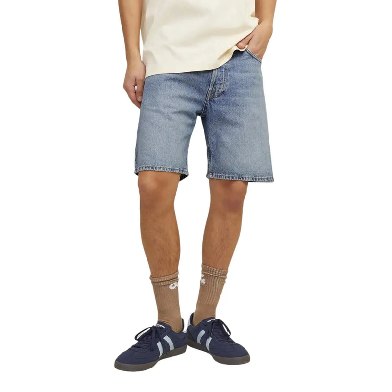 Jack & jones light blue cotton polyester shorts for men featuring light-wash denim with a classic five-pocket design and frayed hem
